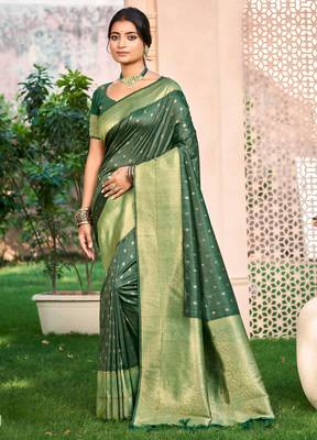 Sangam prints dark green assam silk woven work traditional saree 1