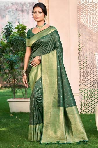 Sangam prints dark green assam silk woven work traditional saree