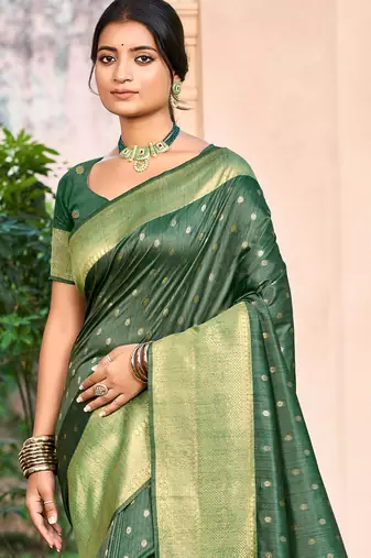 Sangam prints dark green assam silk woven work traditional saree