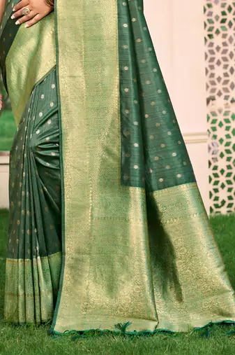Sangam prints dark green assam silk woven work traditional saree