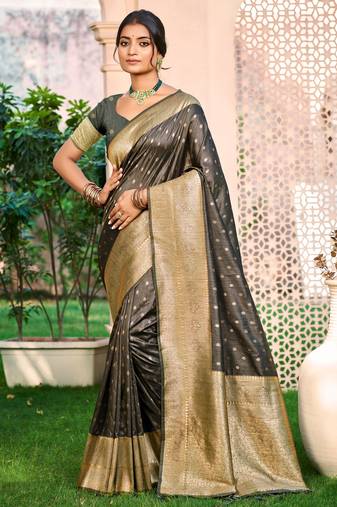 Sangam prints gray assam silk woven work traditional saree
