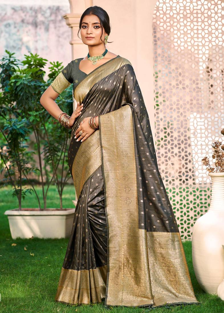 Sangam prints gray assam silk woven work traditional saree
