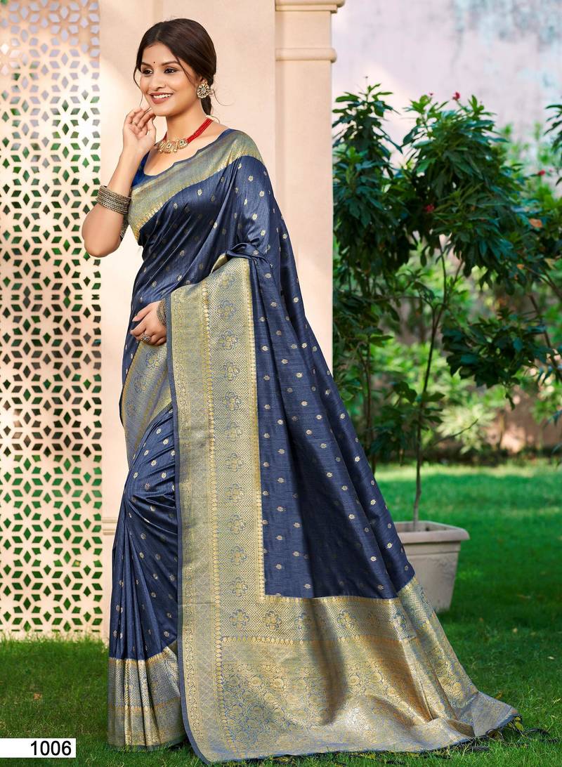 Sangam prints navy blue assam silk woven work traditional saree