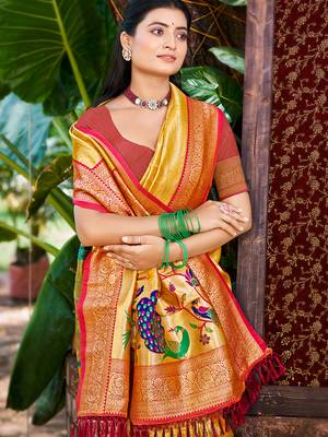Sangam prints mustard kanjivaram silk woven work traditional saree 1