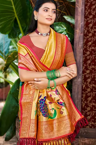 Sangam prints mustard kanjivaram silk woven work traditional saree