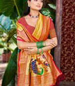 Sangam prints mustard kanjivaram silk woven work traditional saree