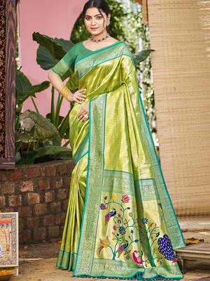 Sangam prints green kanjivaram silk woven work traditional saree 1