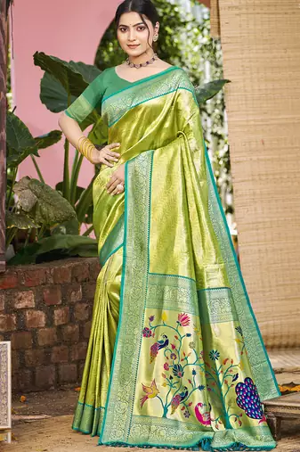 Sangam prints green kanjivaram silk woven work traditional saree