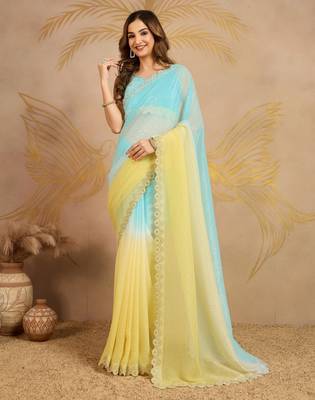 SkyblueYellow Tussar Silk swarovski work Ombre Style Saree with Unstitched Blouse  1