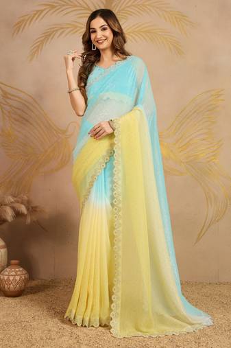 SkyblueYellow Tussar Silk swarovski work Ombre Style Saree with Unstitched Blouse 