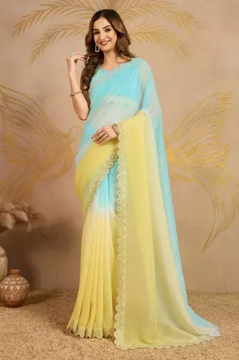 SkyblueYellow Tussar Silk swarovski work Ombre Style Saree with Unstitched Blouse 
