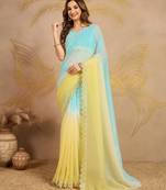 Trendmalls SkyblueYellow Tussar Silk swarovski work Ombre Style Saree with Unstitched Blouse 