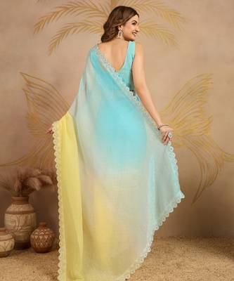 SkyblueYellow Tussar Silk swarovski work Ombre Style Saree with Unstitched Blouse  2