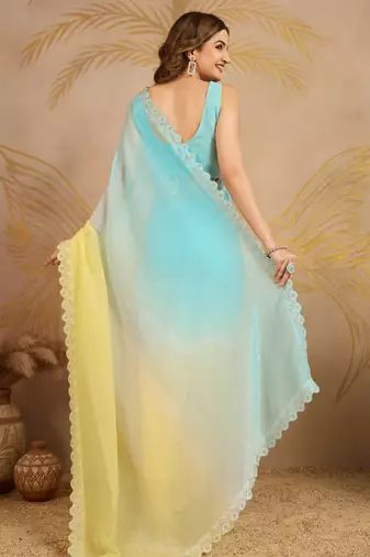 SkyblueYellow Tussar Silk swarovski work Ombre Style Saree with Unstitched Blouse 