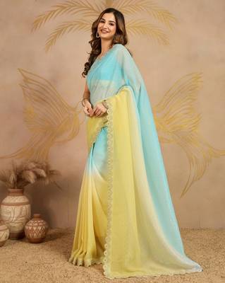 SkyblueYellow Tussar Silk swarovski work Ombre Style Saree with Unstitched Blouse  3