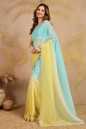 SkyblueYellow Tussar Silk swarovski work Ombre Style Saree with Unstitched Blouse 
