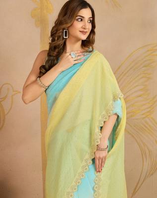 SkyblueYellow Tussar Silk swarovski work Ombre Style Saree with Unstitched Blouse  4