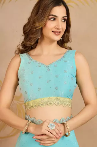 SkyblueYellow Tussar Silk swarovski work Ombre Style Saree with Unstitched Blouse 