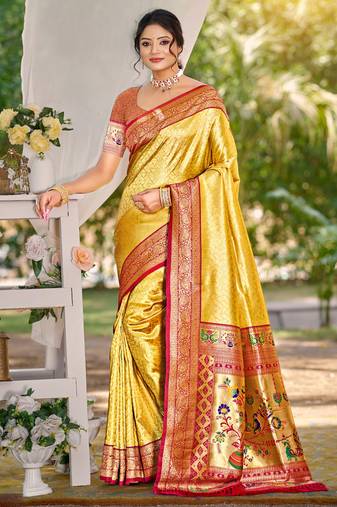 Sangam prints multi color kanjivaram silk woven work traditional saree