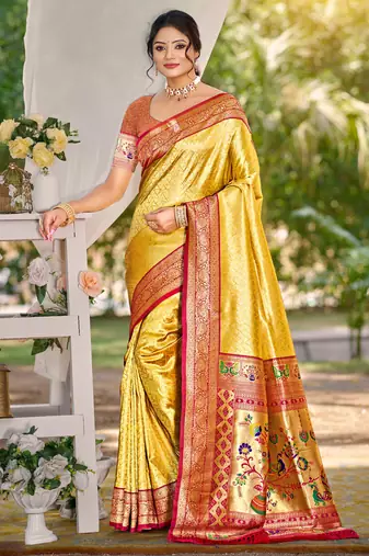 Sangam prints multi color kanjivaram silk woven work traditional saree