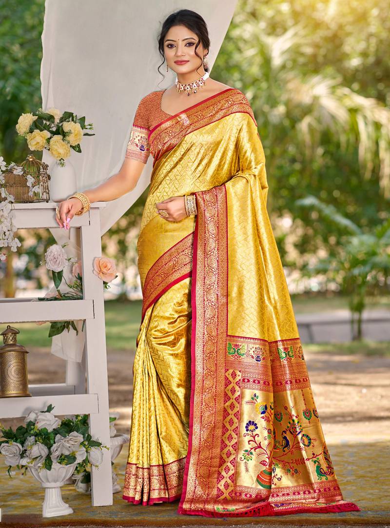 Sangam prints multi color kanjivaram silk woven work traditional saree