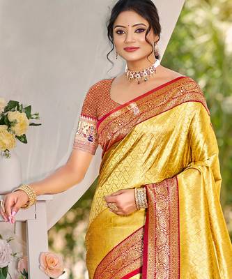 Sangam prints multi color kanjivaram silk woven work traditional saree 2
