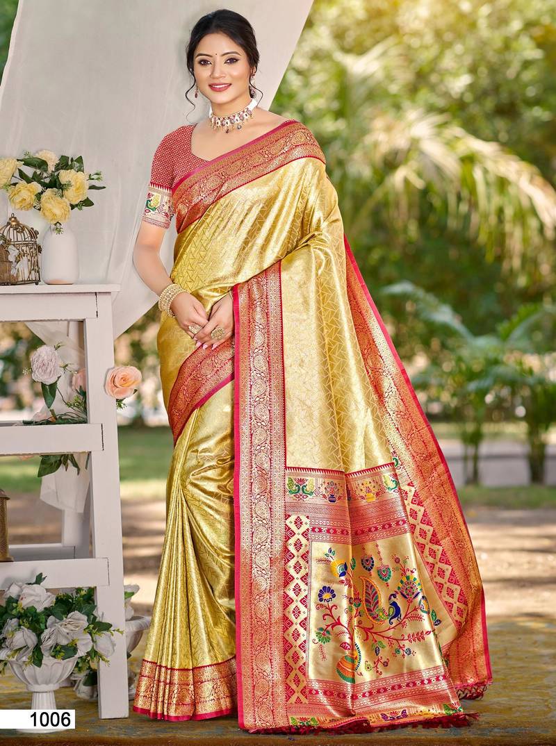 Sangam prints multi color kanjivaram silk woven work traditional saree
