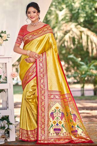Sangam prints multi color kanjivaram silk woven work traditional saree