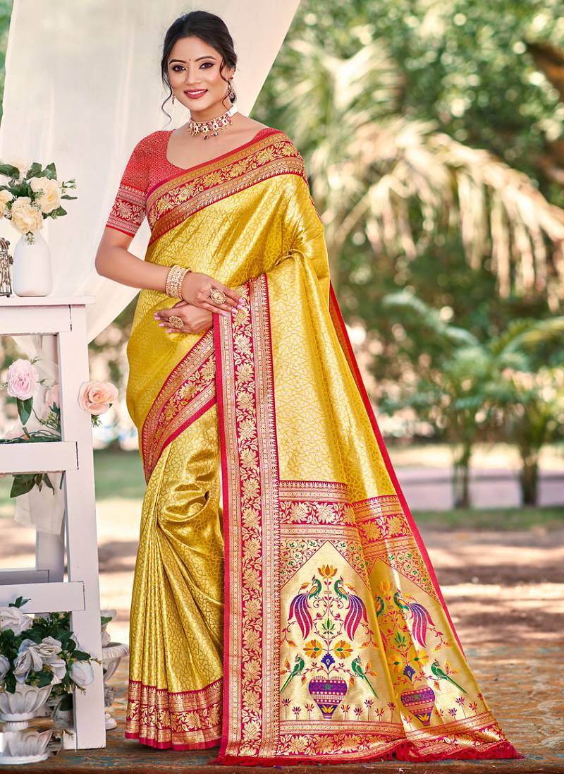 Sangam prints multi color kanjivaram silk woven work traditional saree