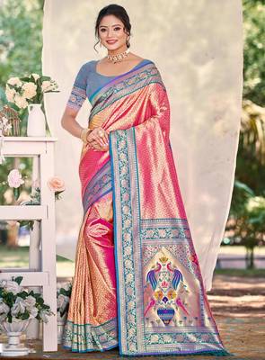 Sangam prints multi color kanjivaram silk woven work traditional saree 1