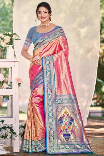Sangam prints multi color kanjivaram silk woven work traditional saree