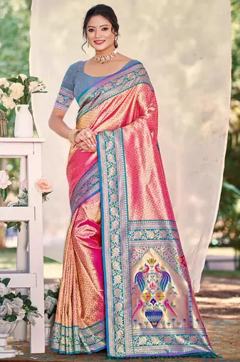 Sangam prints multi color kanjivaram silk woven work traditional saree