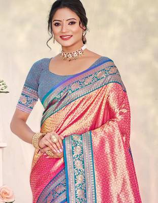 Sangam prints multi color kanjivaram silk woven work traditional saree 2
