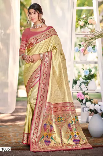 Sangam prints multi color kanjivaram silk woven work traditional saree