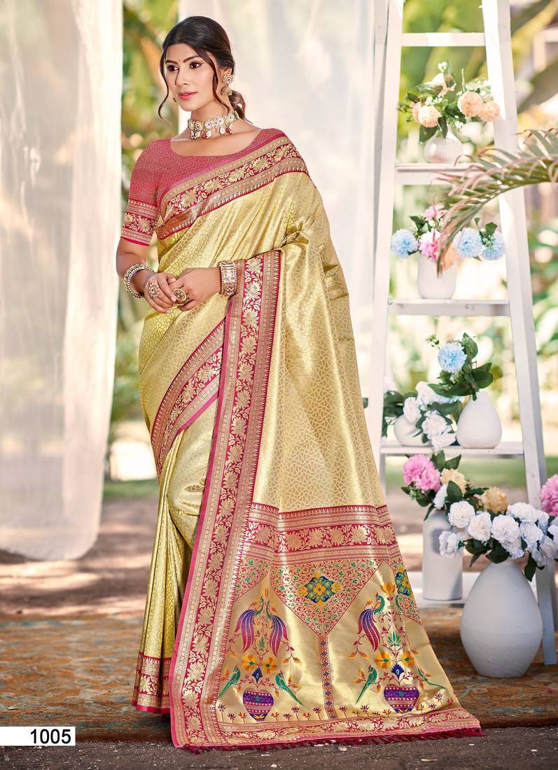 Sangam prints multi color kanjivaram silk woven work traditional saree