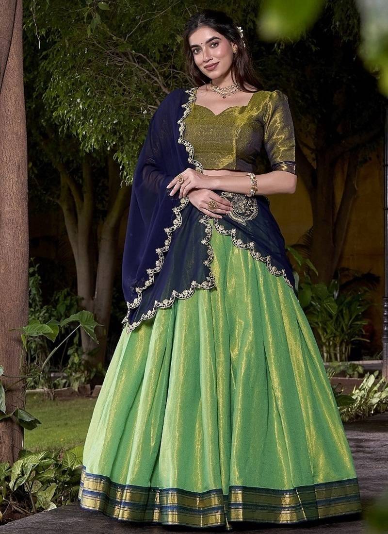 seagreen south style kanchipuram silk lehenga choli with dupatta