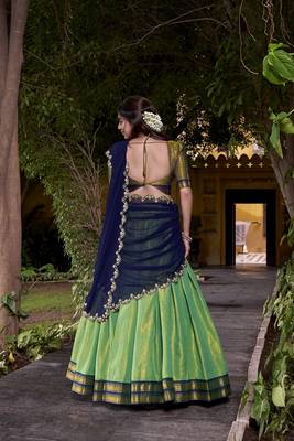 seagreen south style kanchipuram silk Lehenga set with choli and dupatta with dupatta 2