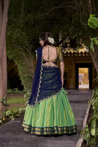 seagreen south style kanchipuram silk Lehenga set with choli and dupatta with dupatta