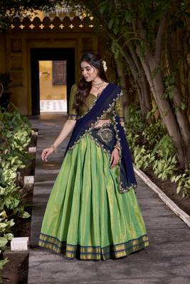 seagreen south style kanchipuram silk Lehenga set with choli and dupatta with dupatta 3