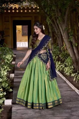 seagreen south style kanchipuram silk Lehenga set with choli and dupatta with dupatta