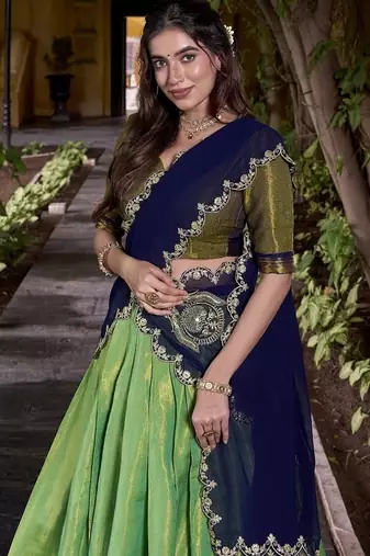 seagreen south style kanchipuram silk Lehenga set with choli and dupatta with dupatta