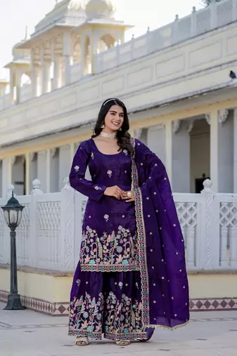 Women Gorgeous Gold Crush Fabric Straight Kurta, Sharara and Dupatta Set