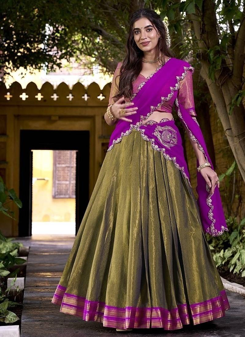 mehendi south style kanchipuram silk lehenga choli with dupatta
