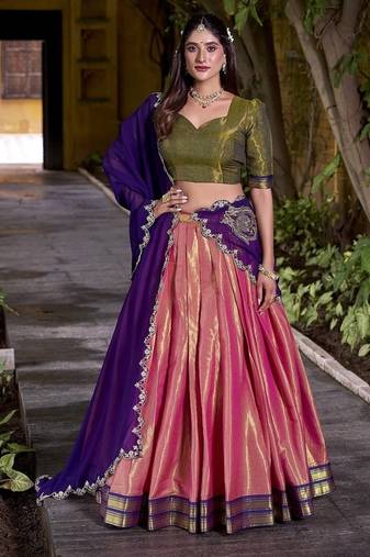 coral south style kanchipuram silk lehenga choli with dupatta