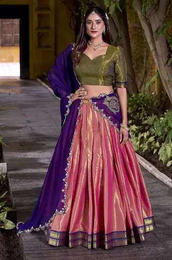 coral south style kanchipuram silk lehenga choli with dupatta