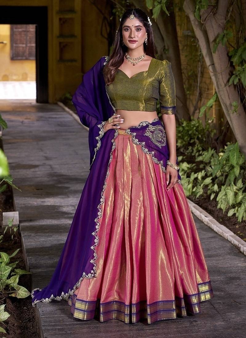coral south style kanchipuram silk lehenga choli with dupatta