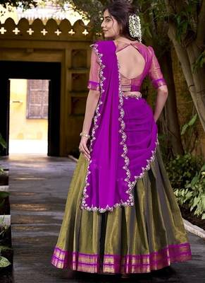 mehendi south style kanchipuram silk Lehenga set with choli and dupatta with dupatta 2