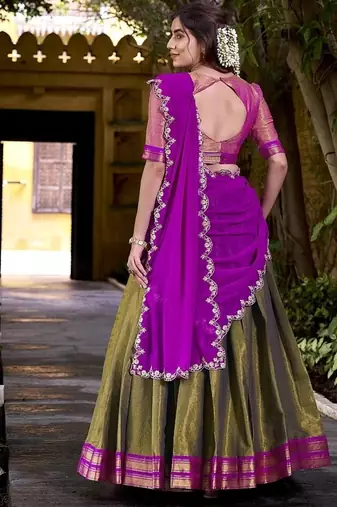 mehendi south style kanchipuram silk Lehenga set with choli and dupatta with dupatta