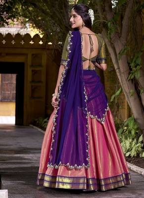 coral south style kanchipuram silk Lehenga set with choli and dupatta with dupatta 2