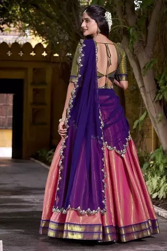 coral south style kanchipuram silk Lehenga set with choli and dupatta with dupatta